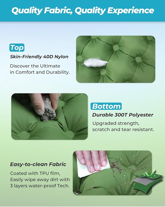 Sleeping Pad for Camping, 4in Thickness Inflatable Sleeping Mat with Adjustable Pillow & Built-in Foot Pump,Lightweight Camping Air Mattress with Waterproof Nylon for Hiking,Traveling-Green