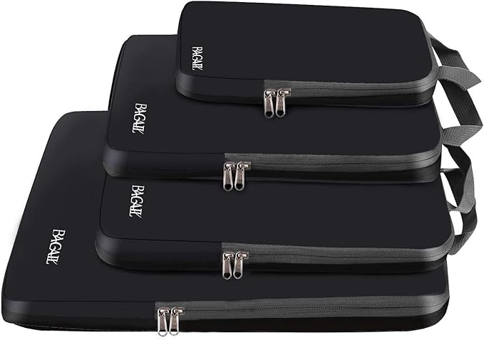 BAGAIL 4 Set/6 Set/8 Set Compression Packing Cubes Travel Accessories Expandable Packing Organizers (Cloth Pattern, 4-Black)