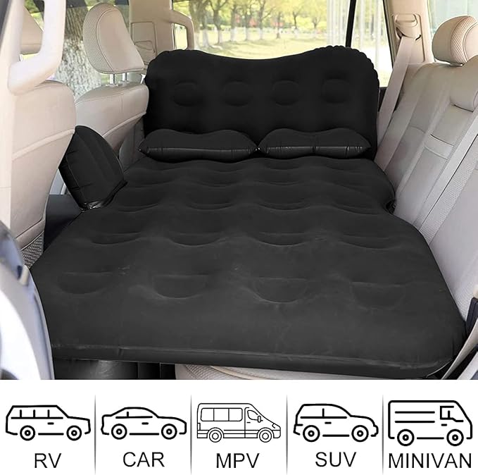 SAYGOGO Inflatable Car Air Mattress Travel Bed - Thickened Car Camping Bed Sleeping Pad with Air Pump 2 Pillows for Car Tent SUV Sedan Pickup Back Seat - Black