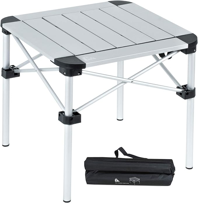iClimb Lightweight Stable Alu. Folding Square Table Roll Up Top with Carry Bag for Camping Picnic Backyards BBQ Camp Kitchen (Silver, S)