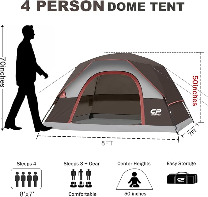 CAMPROS CP Tents for Camping 4 Person Tent Waterproof Windproof Double Layer Camping Tent, Easy Setup Dome Tent with Large Mesh Windows & Wider Door for Outdoor Camping & Hiking
