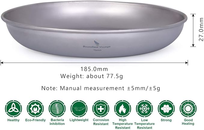 iBasingo Titanium Plate 18.5cm Ultralight Camping Dinner Plate, Reusable Metal Dish for Steak, Dessert Portable Round Tray with Mesh Bag for Backpacking, Hiking, Picnic Ti1103T