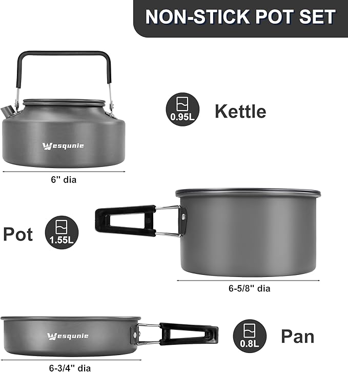 Camping Cooking Cookware Mess Kit - Non-Stick Lightweight Pot Pan Kettle Set with Collapsible Pour Over Coffee Dripper, Outdoor Kitchen Cook Essentials Gear for Camping Hiking Picnic