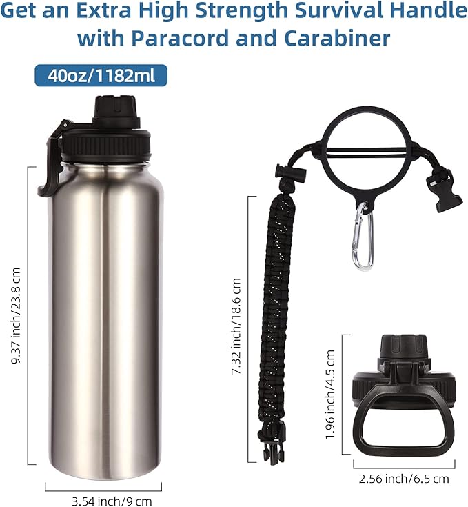 Volhoply Insulated Water Bottles Bulk 4 Pack, 40 oz Stainless Steel Sports Bottle with Paracord Handle & Spout Lid, Double Walled Vacuum Travel Water Cups with Wide for Adults Hiking(Silver,4 Set)