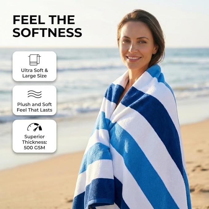Premium Velour Cabana Beach Towel 4 Pack, 30” x 60” Soft Plush Cotton Pool Towel, Absorbent Quick Dry Towel for Beach and Pool (Riviera Stripe)