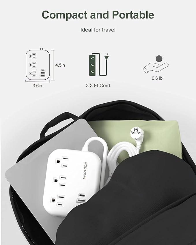 European Travel Plug Adapter, ROOTOMA 6ft International Power Strip 3 American Outlets, 3 USB Charger, US to Europe Plug Aadaptor, US to EU Power Adapter, for Spain France Germany Iceland, White