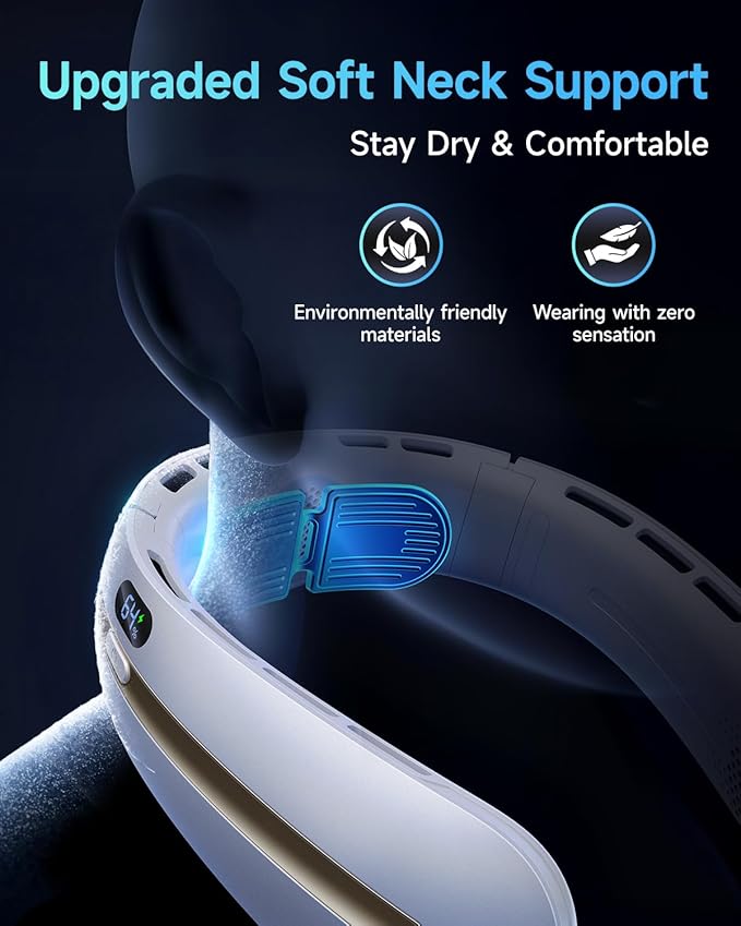 SWEETFULL Neck Fan, 3 Turbo Portable Fans with Neck Support, 4 Speed & LED Display, 5200mAh Rechargeable Personal Fan, Hand-Free Wearable Bladeless Cooler, Gift for Travel Birthday, Men, Women (White)