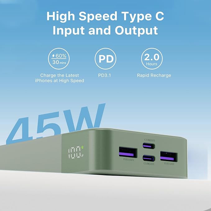 J2621 Power Bank Portable Charger 20000mAh 45W,PD 3.0 QC 4.0 Fast Charging Battery Pack with LED Display,2 USB-C, 2 USB-A for iPad, iPhone 16 15 14 13, Tablet, Galaxy, Samsung S24 S23,Google