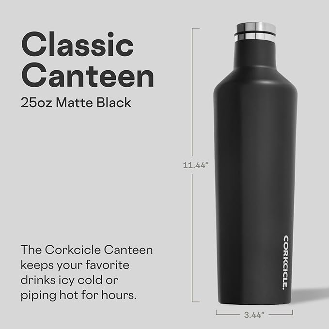 Corkcicle Classic Canteen Insulated Water Bottle - Stainless Steel Reusable Tumbler - Triple Insulated - Keeps Drinks Cold 25 Hours or Hot 12 Hours - Cupholder Friendly - Black - 25 oz