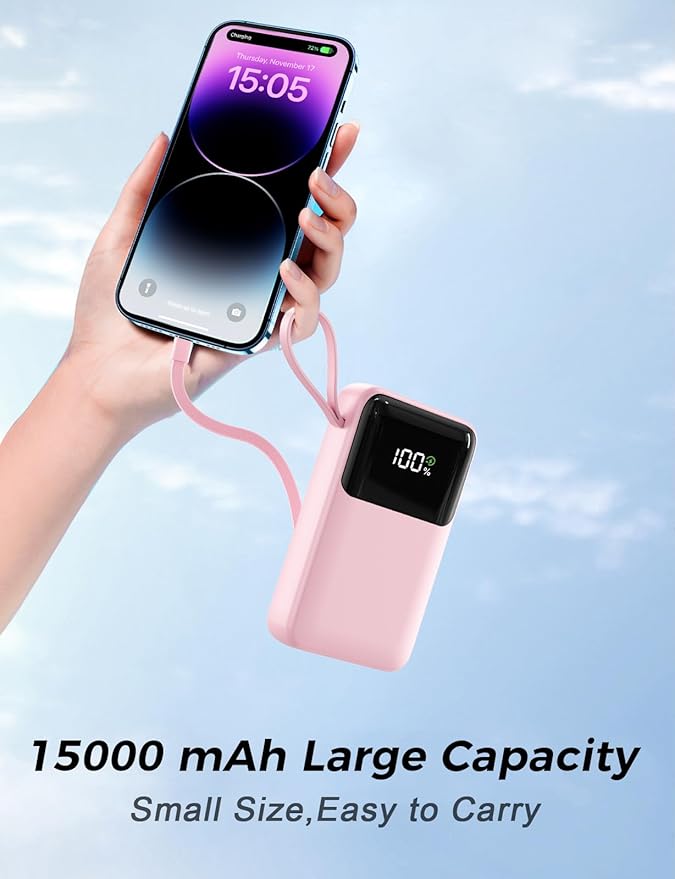 Power Bank, 15000mAh Portable Charger with Built in Cable, 22.5W Fast Charging, 6 Outputs, Slim Travel Essential Battery Pack with LED Display, Compatible with iPhone 16/15/14/13, Samsung, iPad, etc