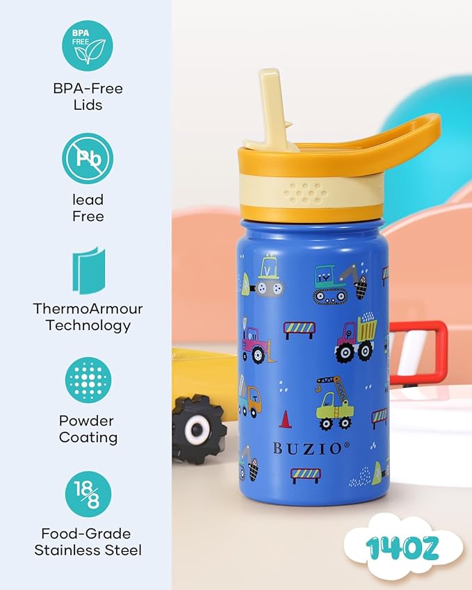2 Pack Insulated Kids Water Bottle, BUZIO 14oz Stainless Steel Water Bottles with Tritan Straw Lid, BPA-FREE Lead-Free Double Wall Leak Proof Drink Cups Flask for School (Blue Car +Blue Dinosaur)