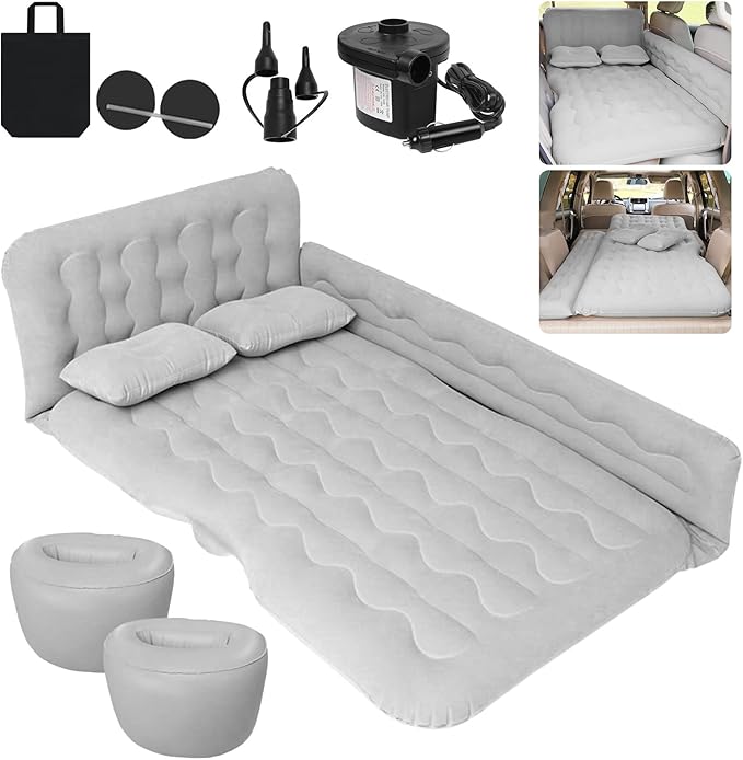 ISWEES Car Bed SUV Air Mattress, Car Air Mattress with Electric Pump, 2 Inflatable Pillows and 2 Footrests for Back Seat, Side Seat,Trunk Sleeping, Thickened Camping Bed - Grey