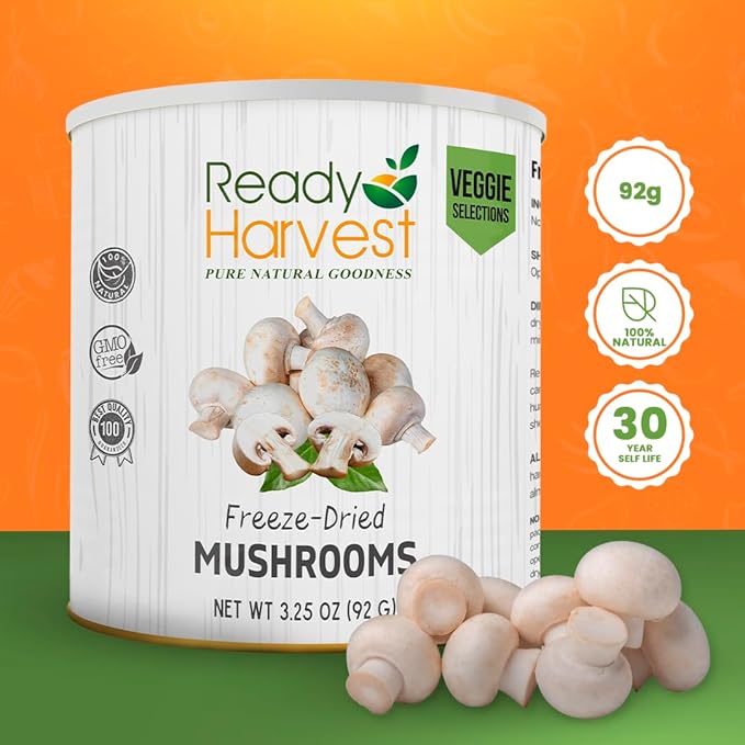 Ready Harvest Freeze-Dried Mushroom for Emergency Food Supply | Camper Must-Haves Camping Essentials | Hurricane Preparedness Items, Survival Food, Pantry Staples | #10 Can | 25-Year Shelf Life