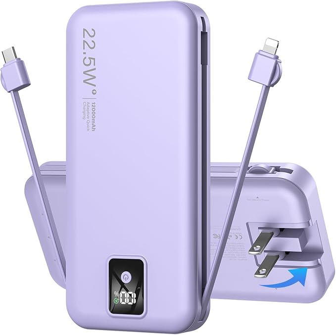 Portable Charger Built-in Cables and AC Wall Plug, 12000mAh power Bank, USB C 22.5W Fast charging Phone Charger ,Compact Lightweight External Battery Pack for iPhones, iPad, Samsung，Tablets, etc.