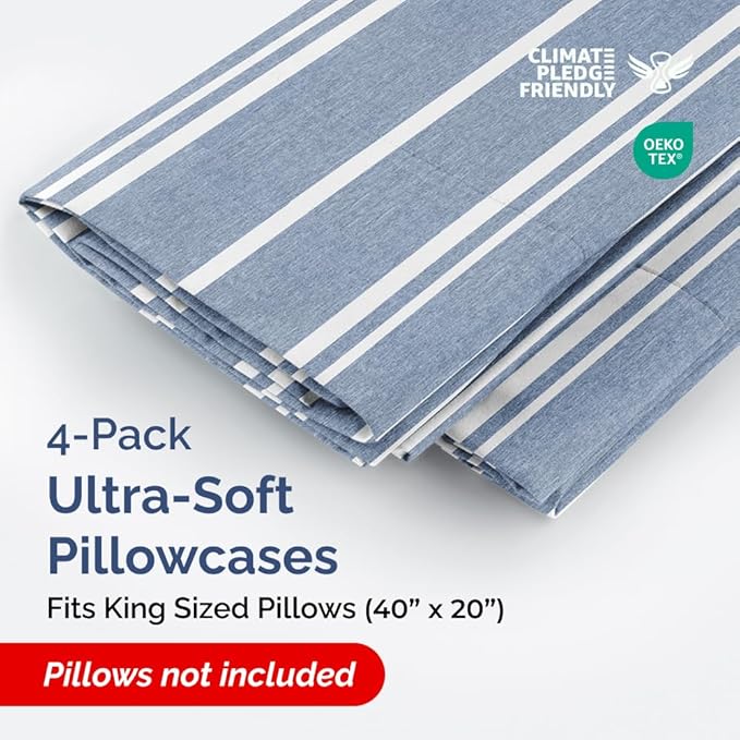 CGK Unlimited King Size Pillow Cases Set of 4 - Soft, Premium Quality Microfiber Pillowcase Covers - 20x40, 20x36 & 20x48 Pillows for Sleeping - Blue Stripes 3