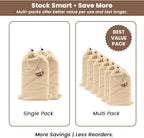 LFH Cotton Shoe Storage Bags with Drawstring, Dustproof Breathable Reusable Organizer, Perfect For Travel, Dorm, Hotel, College, Gym, Easy to Carry, Machine Washable 8"x17" (Pack of 4) - Natural
