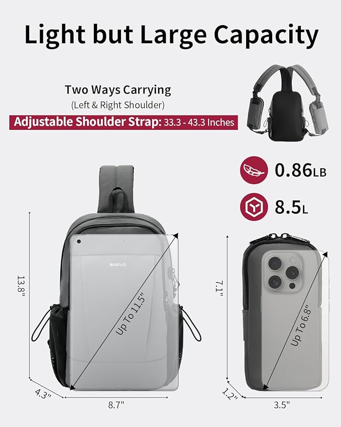 ECOHUB Crossbody Bags for Women Men, Anti-Theft RFID Blocking Roomy Sling Backpack with Sturdy SBS Zippers Water Resistant Chest Shoulder Bag Daypack with 9 Pockets Travel Hiking, Grey