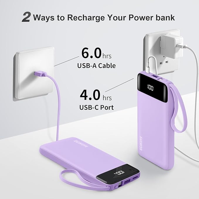 Power Bank 10000mAh Portable Charger with 4 Built-in Cables, Type-C in & Out Phone Charger, External Battery Charger Pack & Travel Essential for iPhone 16/15/14, Samsung, iPad, Android