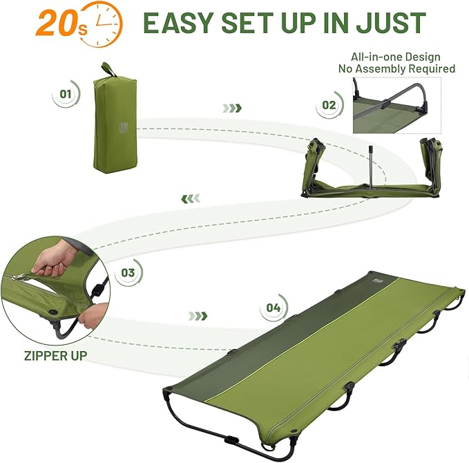 TIMBER RIDGE Lightweight Aluminum Camping Cot, 20-Second Quick Set-Up Folding Cot Low Profile with Zipper Closure, Portable Carry Bag for Camping, Travel and Outdoors, Support up to 225lbs, Green