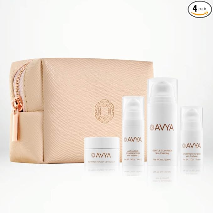 Avya Skincare Ayurvedic Weekend Travel Set | 4 Piece Skincare Travel Set | Gentle Cleanser, Eye Cream, Anti-Aging Serum, Night Cream