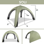 SOLI: Air Canopy 12' - Sage Green - Outdoor & Beach Self-Inflating Sun Tent, Shade Wall, UPF 50+, Pump-Stakes-Ropes, Lightweight & Portable, Backpack