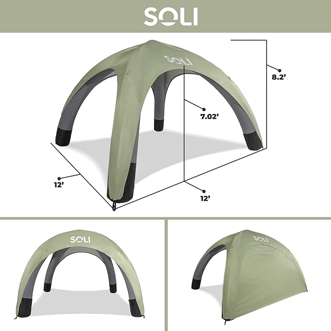 SOLI: Air Canopy 12' - Sage Green - Outdoor & Beach Self-Inflating Sun Tent, Shade Wall, UPF 50+, Pump-Stakes-Ropes, Lightweight & Portable, Backpack