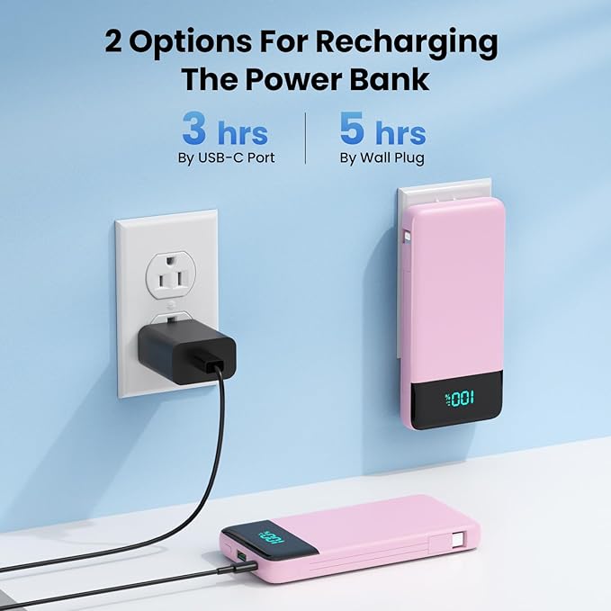 Portable Charger for iPhone with Built in Cables and Wall Plug,Upgraded 13800mAh Fast Charging USB C Power Bank,4 Outputs Travel Essential Battery Pack Compatible with iPhone 15/14/13/12,Samsung-Pink