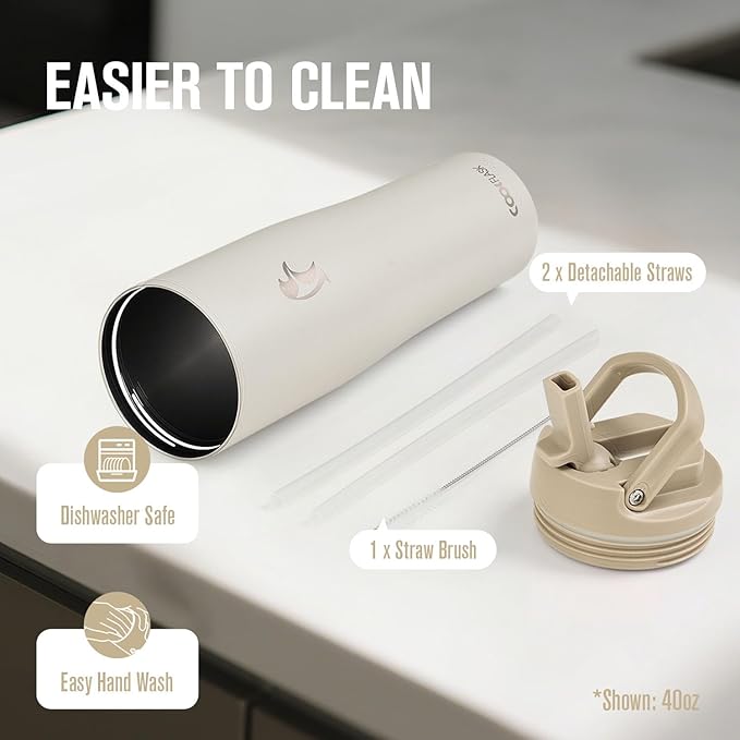 Coolflask Water Bottle 32 oz Fits Car Cup Holder, Slim Tumbler Stainless Steel with Straw & Handle, Vacuum Flask Leakproof Wide Mouth for Travel Sports Gym, Cream White