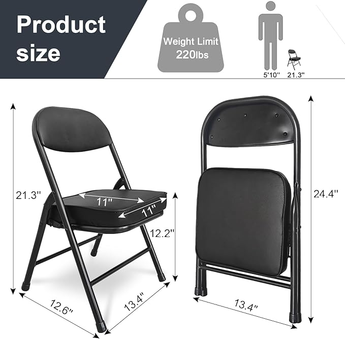 Mini Padded Folding Chairs, Garage Stool, Portable Camping Chair with Cushion, Lightweight Lawn Chair, for Outdoor Sports Events, Patio, Fishing, Hiking, Hunting, Picnic, Beach (Black 2 Pack)