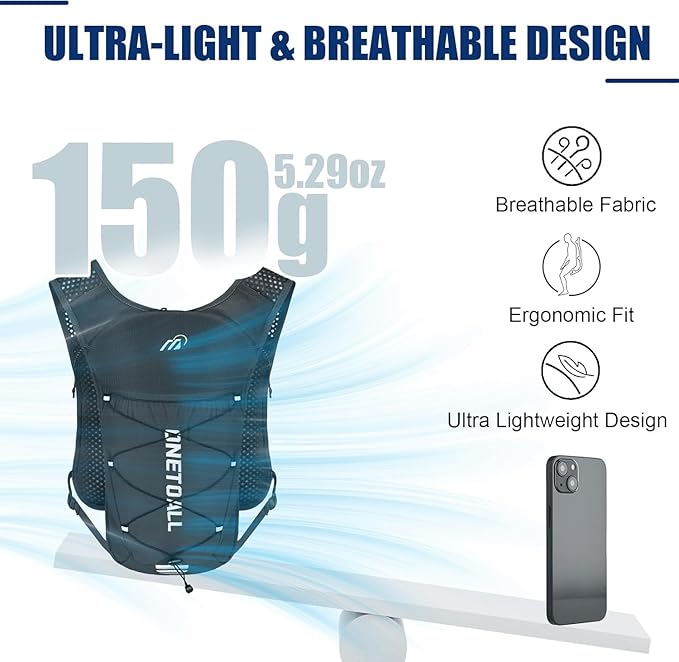 Running Vest for Women & Men, Lightweight 150g Hydration Backpack, 6L Pack for Trail Running, Marathon, Hiking, Cycling, Jogging, Adjustable Fit