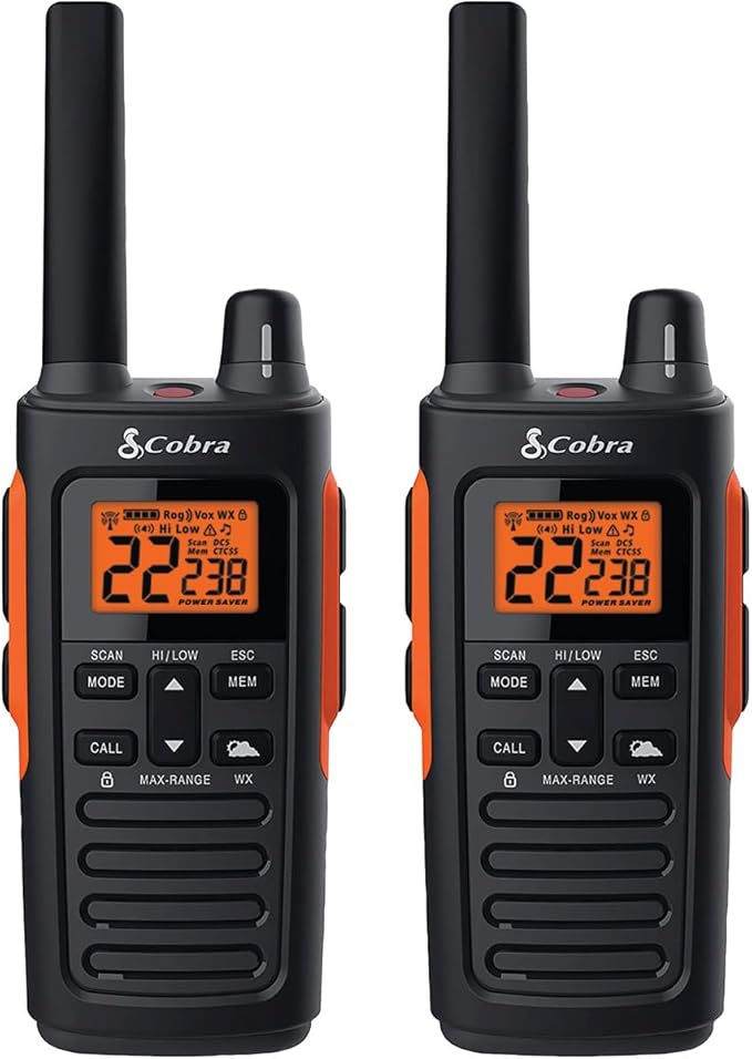 Cobra RX680 Walkie Talkies (2-Pack) - Rugged & Splashproof Two Way Radios Long Range, IP54 Water Resistant Design, 60 Pre-Programmed Channels, Weather Alerts, Included Charging Dock (Black/Orange)