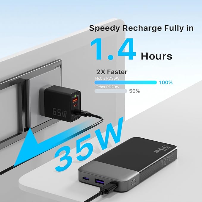 NOBIS Portable Charger, 10000mAh Power Bank Fast Charging, Battery Pack with C to C Cable, Battery Bank with Digital Display for iPhone iPad Android etc (Black, 35W)