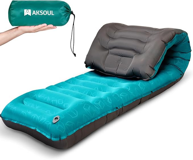 AKSOUL Sleeping Pad Ultra-Thick - Inflatable Sleep Mat, Lightweight & Compact 4.72 in Air Mattress with Pillow, Self-Inflating with Built-in Foot Pump for Traveling, Hiking, Camping (Blue)