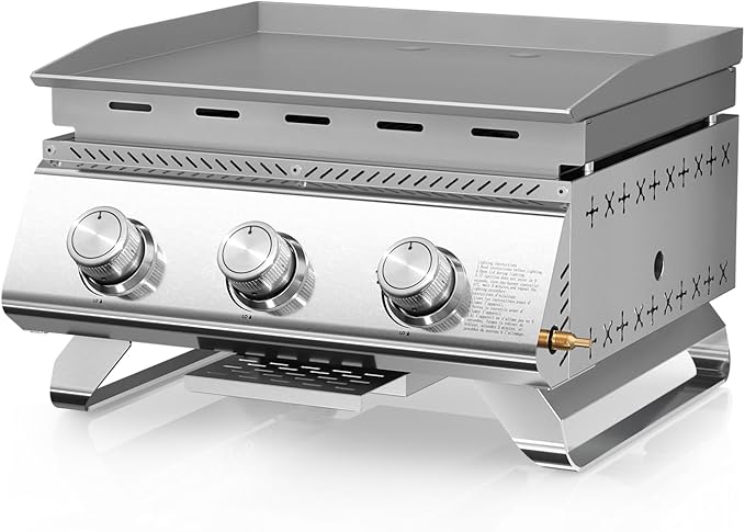R.W.FLAME 3-Burner Tabletop Propane Gas Grill Stainless Steel Portable Outdoor Griddle,24,000 BTU Compact Flat Top Camping BBQ Grill,347 Sq. In. Cooking Area