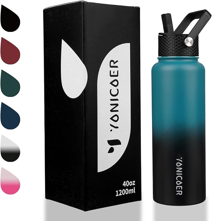 Insulated Water Bottle 40oz,Triple Wall Vacuum Stainless Steel(Dishwasher Safe),Leak Proof & Non-BPA,Flask Jug with Paracord Handle & Straw Spout Lids Sports Gradient indigo blue/black