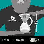 Coffee Gator Pour Over Coffee Maker - 27oz High Heat Borosilicate Glass with Reusable Stainless Steel Filter, Drip Coffee Brewer Dripper Set Carafe, 800ml Clear