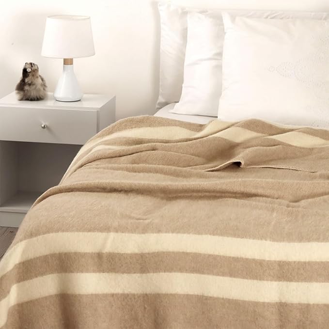 Thick Alpaca Wool Blanket Heavyweight Camping Outdoors Indoors Soft Peru King Size Stripes Design (Beige - Ivory, King Size)