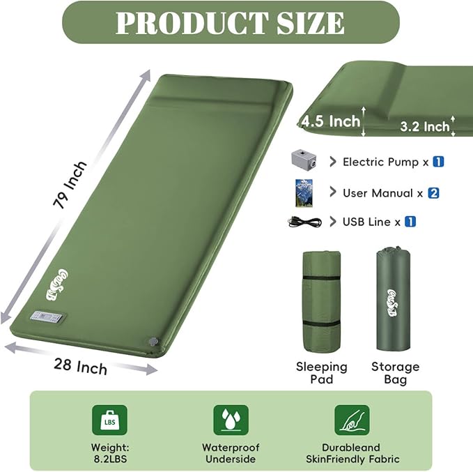 Camping Sleeping Pad Self Inflating Sleeping Pad with Electric Pump, 3.2" Ultra-Thick Memory Foam Sleeping Mat with Pillow, Camping Mattress Compact for Backpacking Hiking Traveling