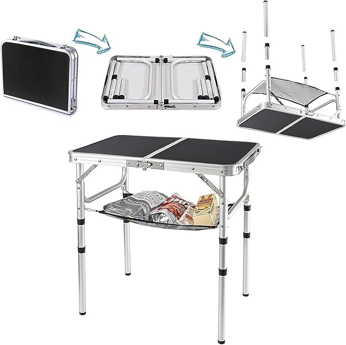 Small Folding Table 2 Foot, Portable Camping Table with Mesh Holders,Lightweight Aluminum Adjustable Height, with Carry Handle for Camping Picnic Indoor Outdoor, White 24 x 16 inch (Black