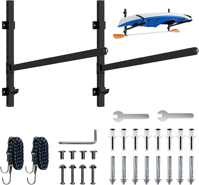 Kayak Storage Rack for Garage Wall Mount - Heavy L-Frame Holder with Anti-Slip Bungee & Complete Installation Kit, Supports 150LB (Fits Canoe/Paddle Board, Black) (1PACK)