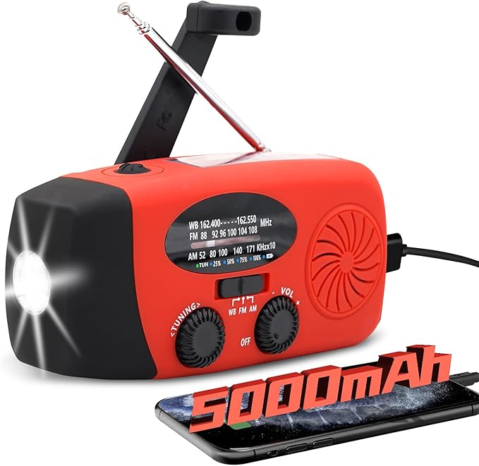 18500mWh/5000mAh Emergency Crank Weather Radio, iRonsnow NOAA/FM/AM Solar Radios, Portable Survival Radio with SOS, Earphone Jack, 1W 4 Modes LED Flashlight, Cell Phone Charger for Camping Hiking