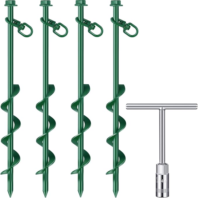 Zhengmy 4 Pcs Ground Anchors Screw in, 12 Inch Heavy Duty Tent Stakes with Trampoline Anchor Hook Ground Stakes for Camping Tent Canopies Ports Sheds Swing Sets Securing Animals (Green)