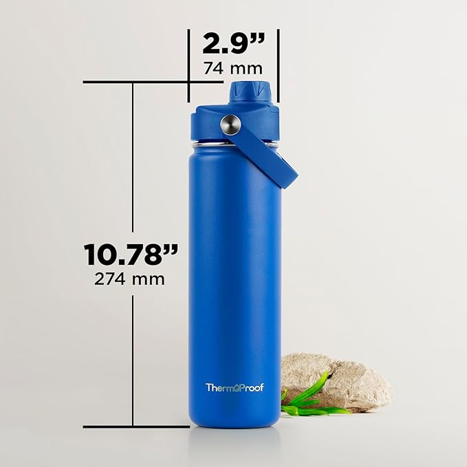 ThermoProof Double-Walled Vacuum Insulated Stainless Steel Water Bottle - Wide Mouth with Chug & Spout Lids, Dishwasher Safe, Reusable, Leakproof, Hot & Cold for Men, Women & Kids - 22 oz, Blue