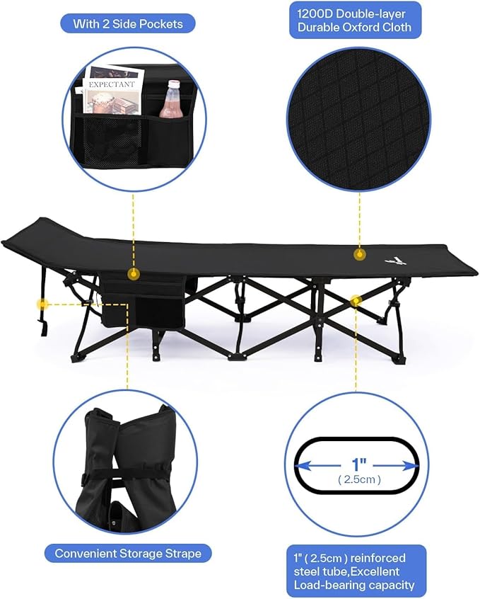 Sportneer Camping Cots for Adults: 1200D Double Layer Oxford Camping Cot with 2 Side Pockets - Heavy-Duty Comfort Cot Bed for Camping Travel Tent Day Outdoor & Home Guest, Ease of Setup