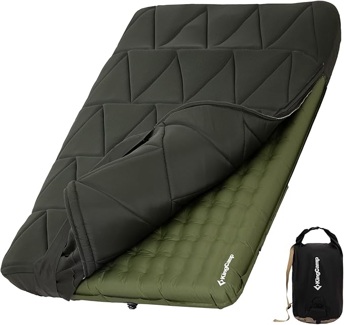 KingCamp Double Sleeping Pad, Inflatable Camping Mattress 2 Person with Removable Foam Cover & Pump Sack, Queen Sleeping Mat Camping Essentials for Outdoor Tent Car (Green)