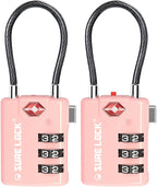 SURE LOCK TSA Approved Combination Luggage Locks with Open Alert Indicator – Durable Zinc Alloy Cable Travel Locks with Large Easy-Read Dials for Suitcases, Backpacks & Gym Bags(2, Pink 2 Pack)