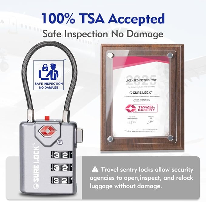 SURE LOCK TSA Approved Combination Luggage Locks with Open Alert Indicator – Durable Zinc Alloy Cable Travel Locks with Large Easy-Read Dials for Suitcases, Backpacks & Gym Bags(Grey 4 Pack)