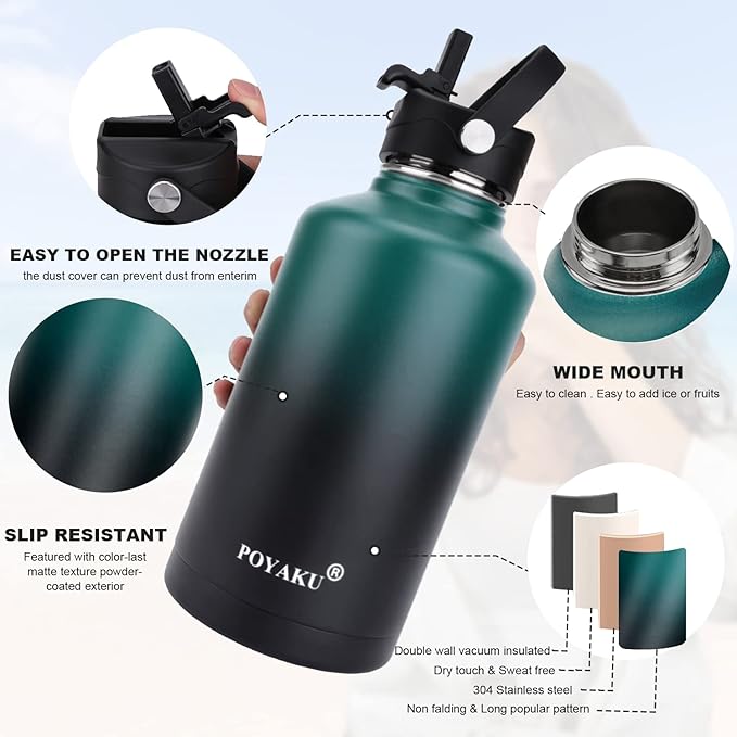 Water Bottle Insulated 32oz 40oz 64oz 128oz Straw Lid Spout Lid & 3 Lids, Leak Proof, Vacuum Insulated,Stainless Steel Water Bottle Wide Mouth for Sports, Gym or Office