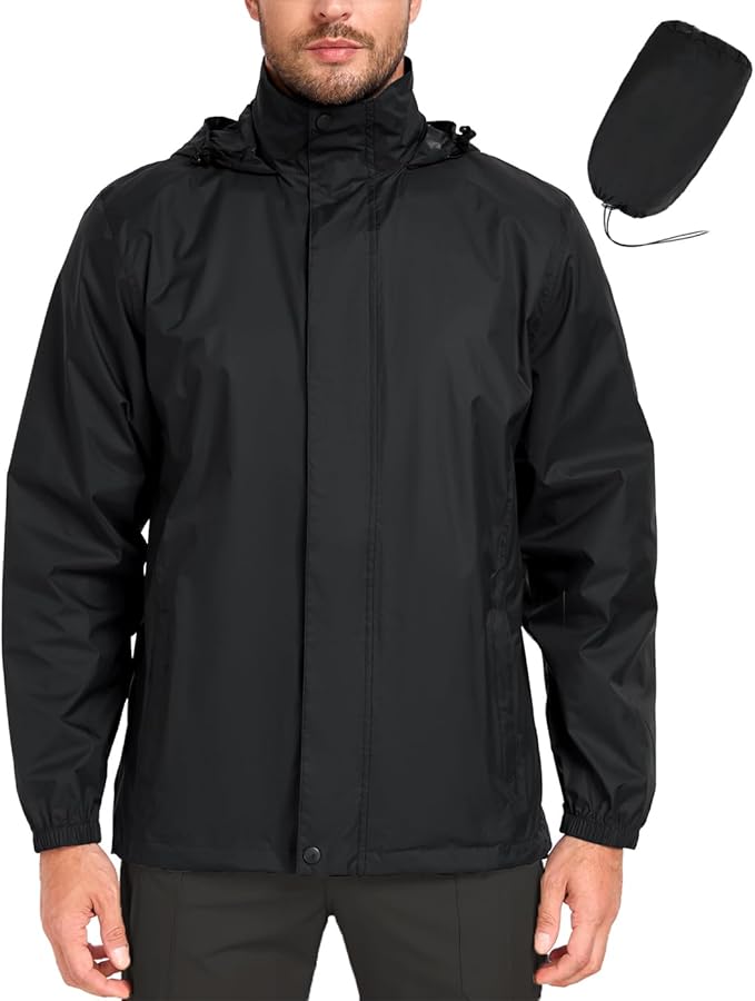 MANSDOUR Men's Packable Rain Jacket Waterproof Lightweight Windbreaker Cycling Golf Hiking Reflective Raincoat with Hood