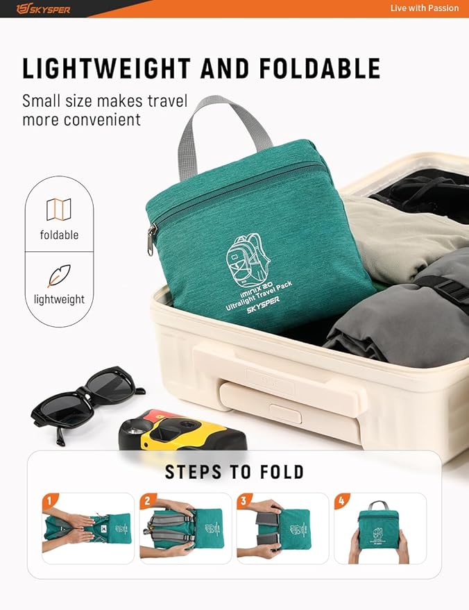 SKYSPER Foldable Small Backpack – 20L Lightweight Hiking Daypack with Chest Belt Packable Travel Rucksack for Women Men